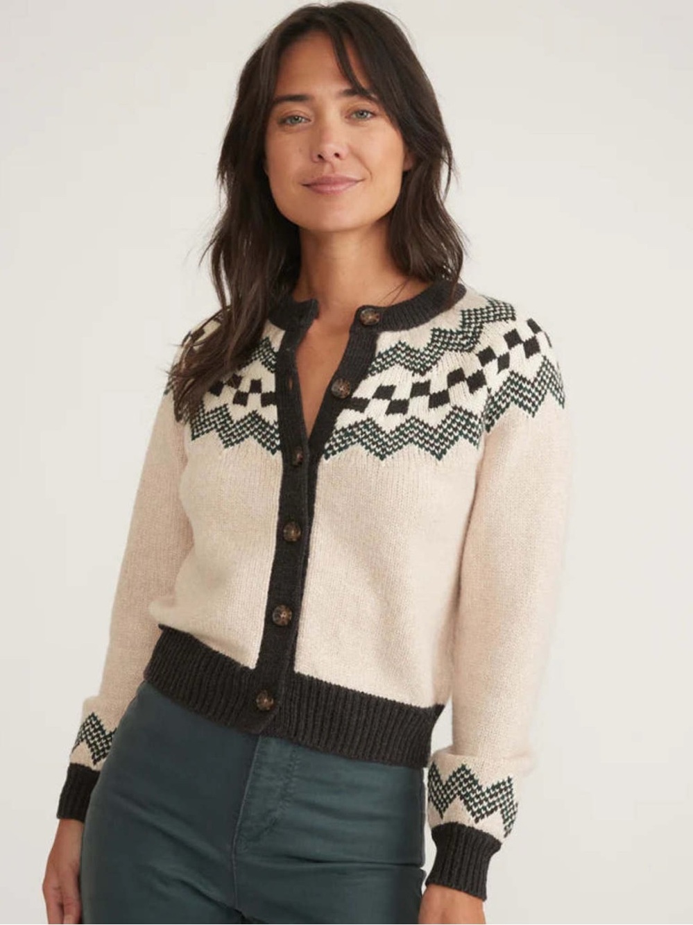 Marine Layer Ava Fair Isle Cardigan Gray & Black Medium